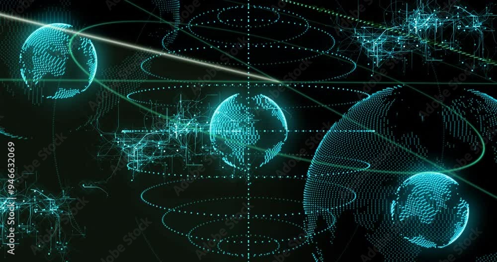 Digital globe and network connections animation over dark background with glowing lines Digital globe and network connections animation over dark background with glowing lines