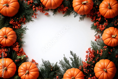 Autumn wreath of pumpkins and berries surrounding a soft background, creating a seasonal frame.