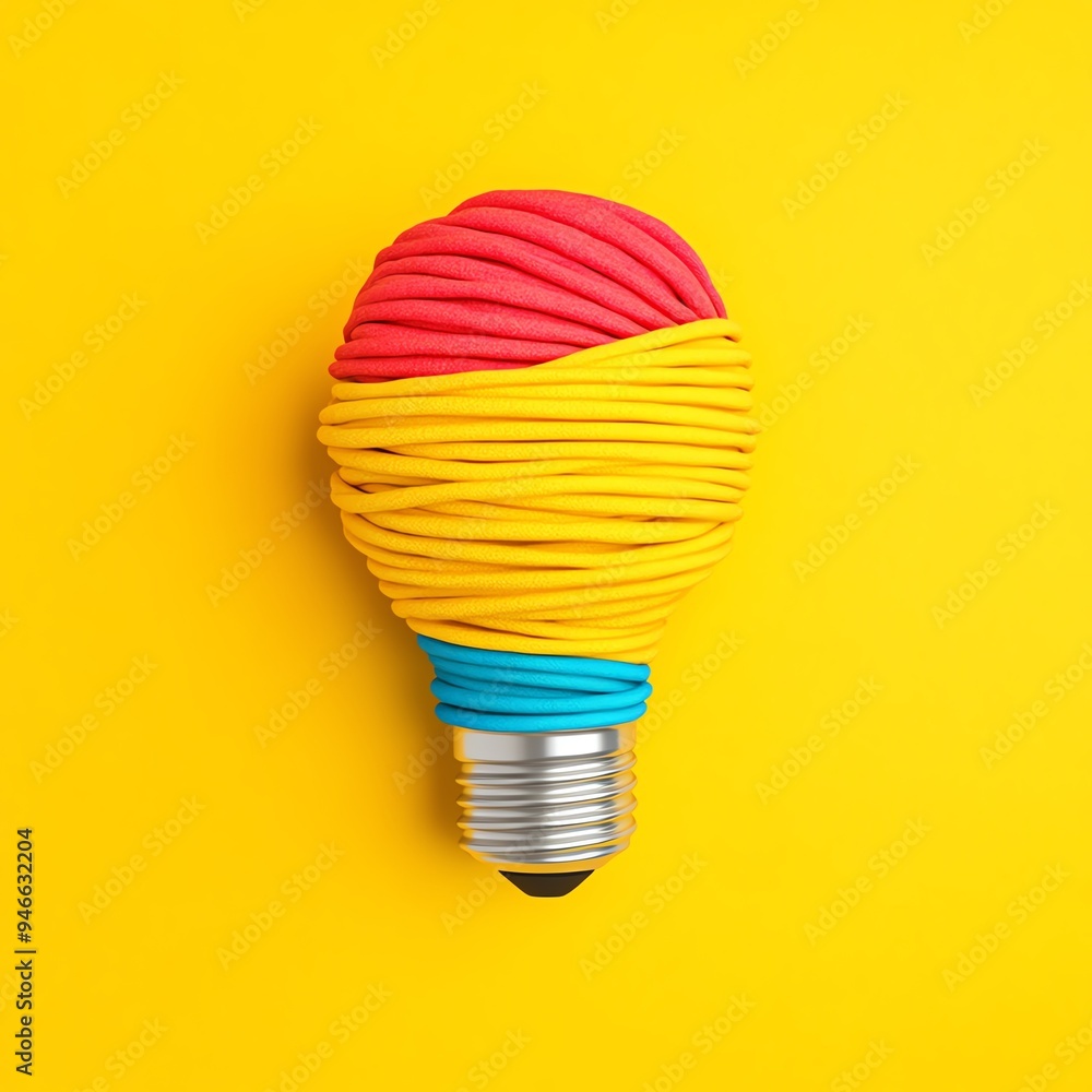 Lightbulb wrapped in colorful string on a yellow background. Lightbulb wrapped in colorful string on a yellow background.
