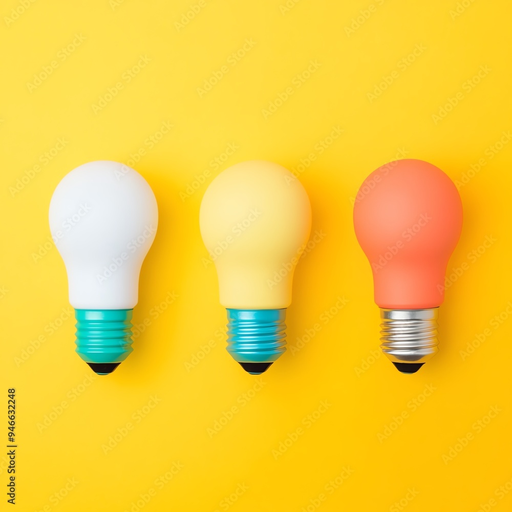 Three light bulbs in different colors on a yellow background. Three light bulbs in different colors on a yellow background.