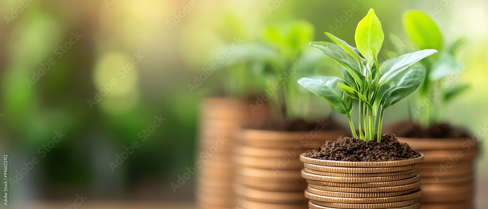Green plants growing in a row of copper coins, symbolizing financial growth and prosperity. Green plants growing in a row of copper coins, symbolizing financial growth and prosperity.