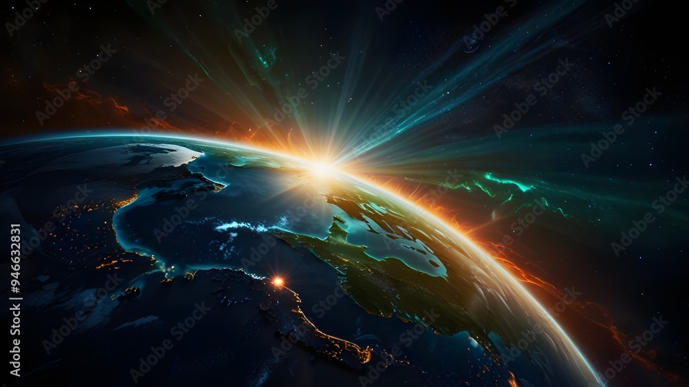 Sun's Intense Heat Rays Traveling Through Space Towards a Vibrant Earth Sun's Intense Heat Rays Traveling Through Space Towards a Vibrant Earth