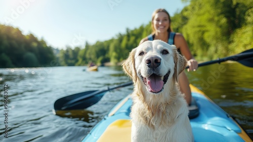 A cheerful woman paddles a kayak down a tranquil river with her happy dog sitting in front, capturing the spirit of adventure, fun, and the beauty of outdoor exploration.