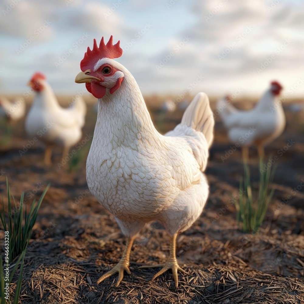 Fototapeta premium Close-up of a proud white hen standing in a field, surrounded by other chickens, evoking a vibrant farm atmosphere.