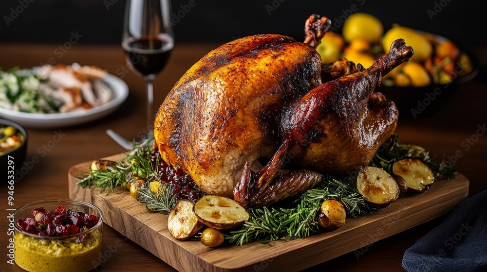 Thanksgiving table filled with holiday dishes, with a beautifully roasted turkey in the center Thanksgiving table filled with holiday dishes, with a beautifully roasted turkey in the center