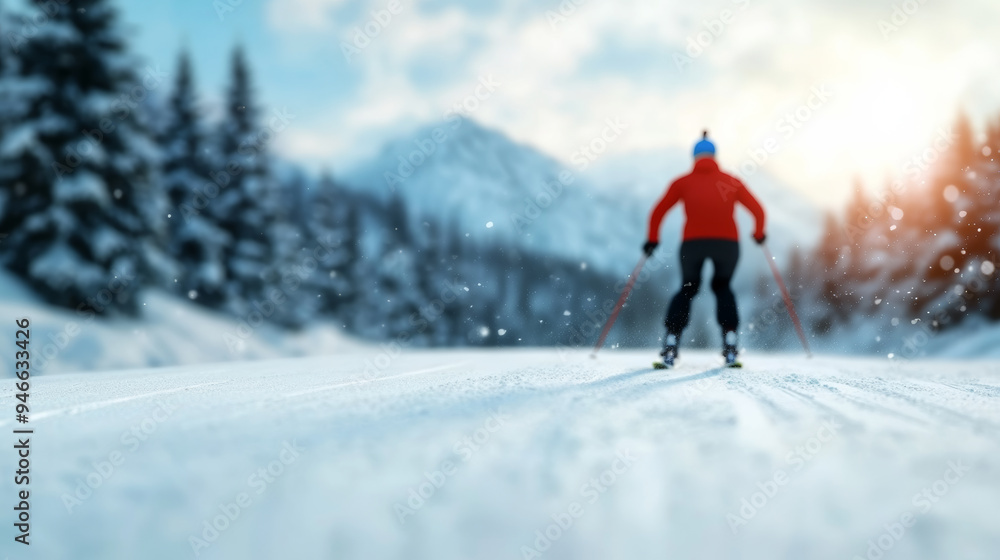 Biathlete transitioning from skiing to shooting smooth motion vibrant snowy forest in the background seamless blend of speed and precision winter competition atmosphere 
