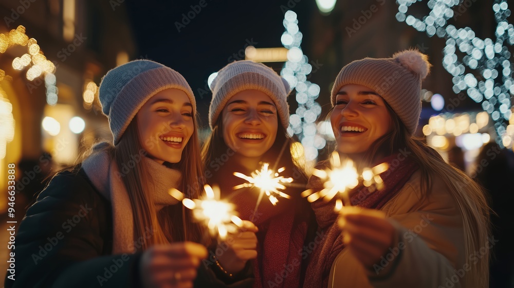 Three friends celebrate together with sparklers on a festive evening in a beautifully lit neighborhood during winter festivities Three friends celebrate together with sparklers on a festive evening in a beautifully lit neighborhood during winter festivities