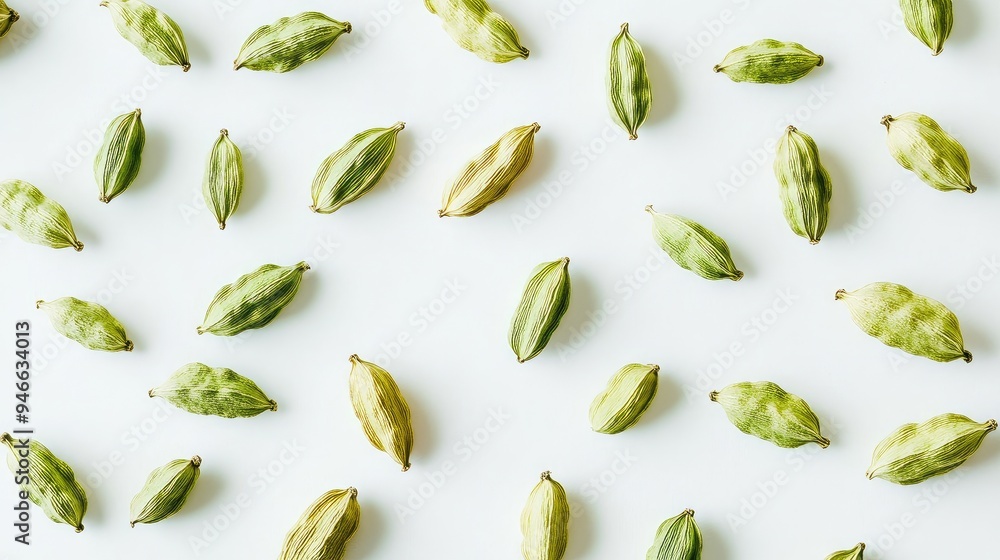 Close-up of whole cardamom pods scattered on a white background, focusing on their green color and texture, no people. Close-up of whole cardamom pods scattered on a white background, focusing on their green color and texture, no people.