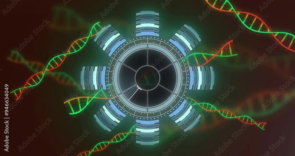 Rotating gear animation over colorful DNA strands on dark background Rotating gear animation over colorful DNA strands on dark background
