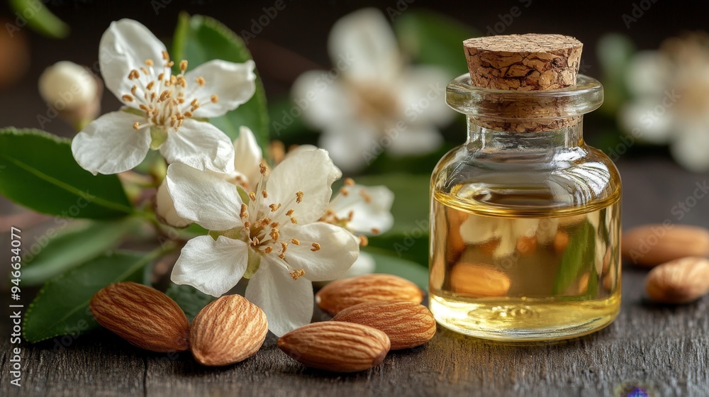 Bottle of Almond Oil with Almonds and Blossoms Generative AI Bottle of Almond Oil with Almonds and Blossoms Generative AI