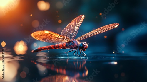 A glowing dragonfly hovering over a still pond, nature s glowtime, delicate and beautiful photo