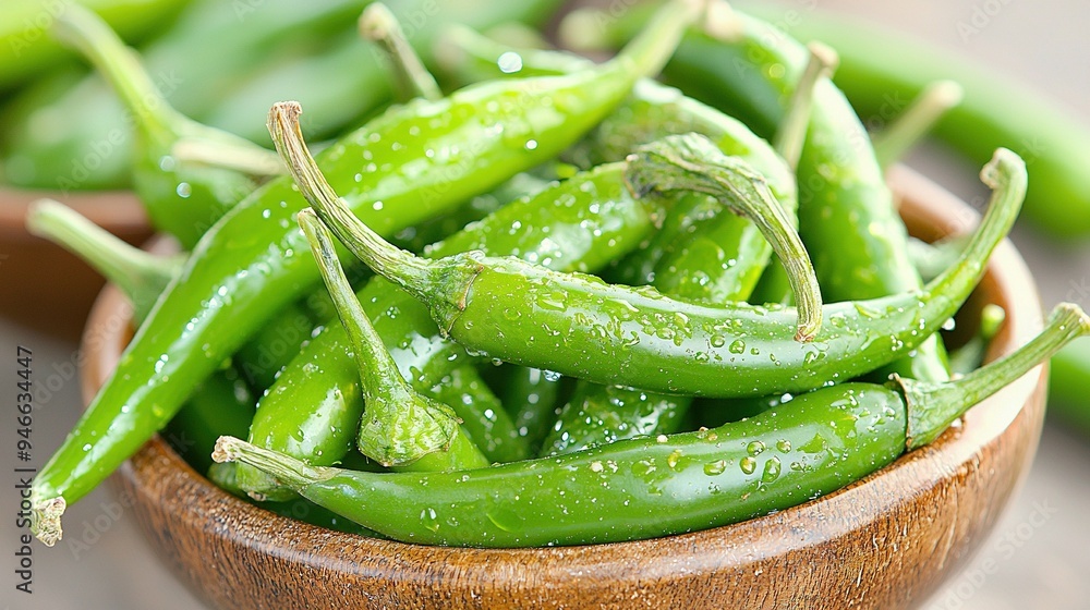 A wooden bowl brims with green beans, nestled atop a wooden table alongside a green bean pile on the adjacent table A wooden bowl brims with green beans, nestled atop a wooden table alongside a green bean pile on the adjacent table
