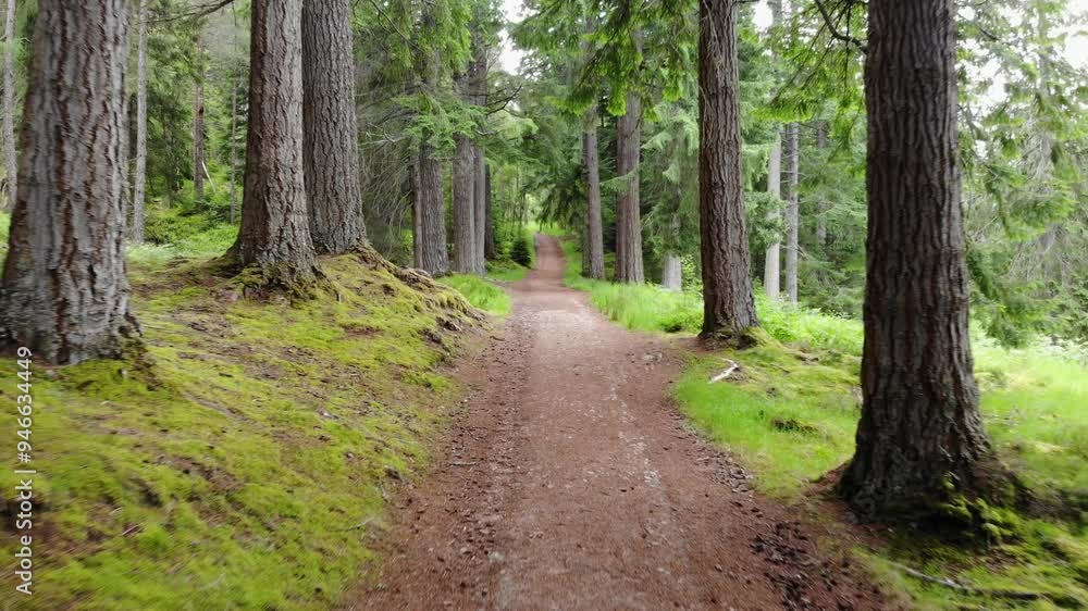 Tracking shot through a forest. Large coniferous trees line the side of the path. Tracking shot through a forest. Large coniferous trees line the side of the path.
