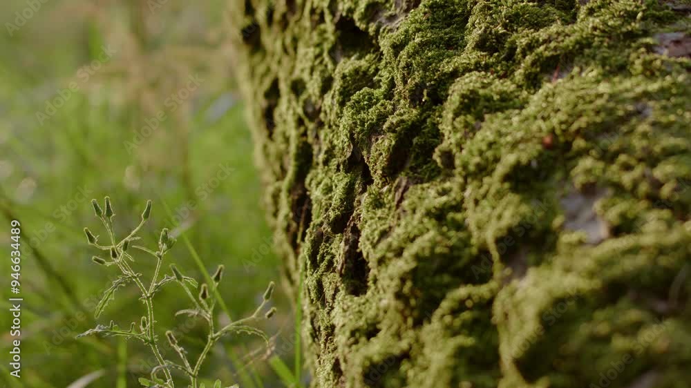 Textured Tree Bark Covered With Moss In The Netherlands. Macro, Tracking Shot Textured Tree Bark Covered With Moss In The Netherlands. Macro, Tracking Shot