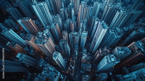 An aerial view of a dense urban cityscape with skyscrapers.