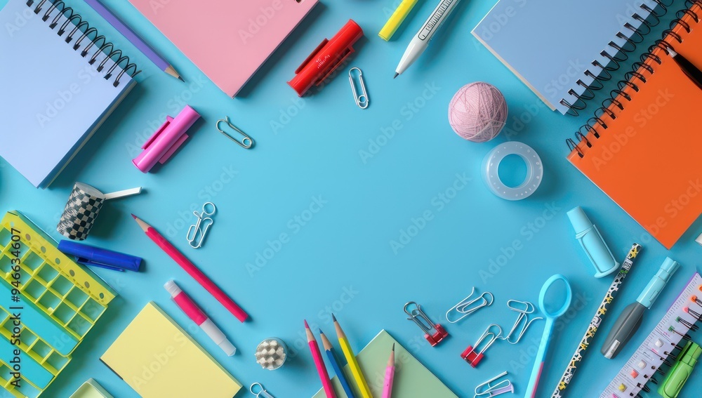 Bright cerulean background with stationery items in an attractive layout, ideal for vibrant educational displays Bright cerulean background with stationery items in an attractive layout, ideal for vibrant educational displays
