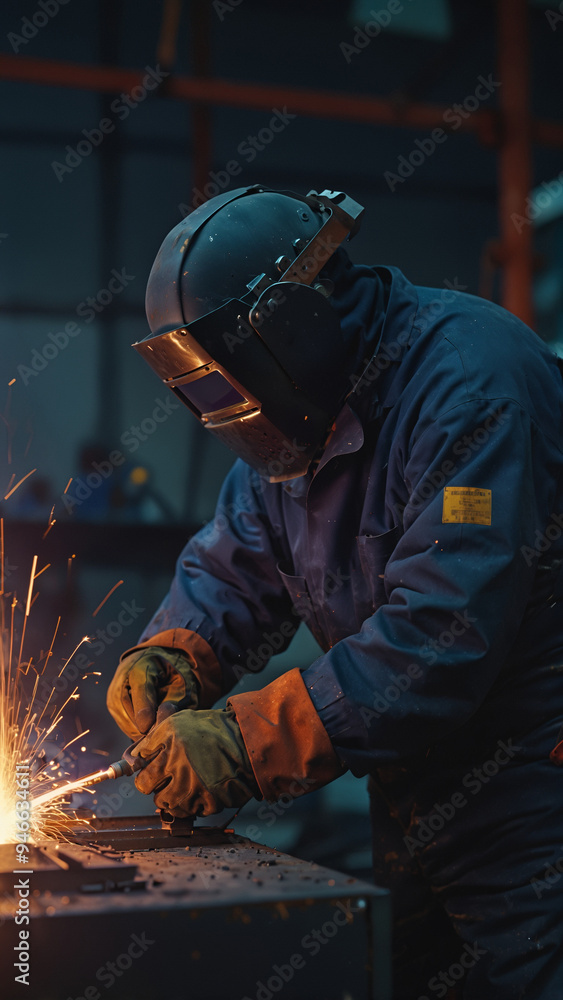 A close-up shot of a factory worker welding metal, sparks flying around A close-up shot of a factory worker welding metal, sparks flying around