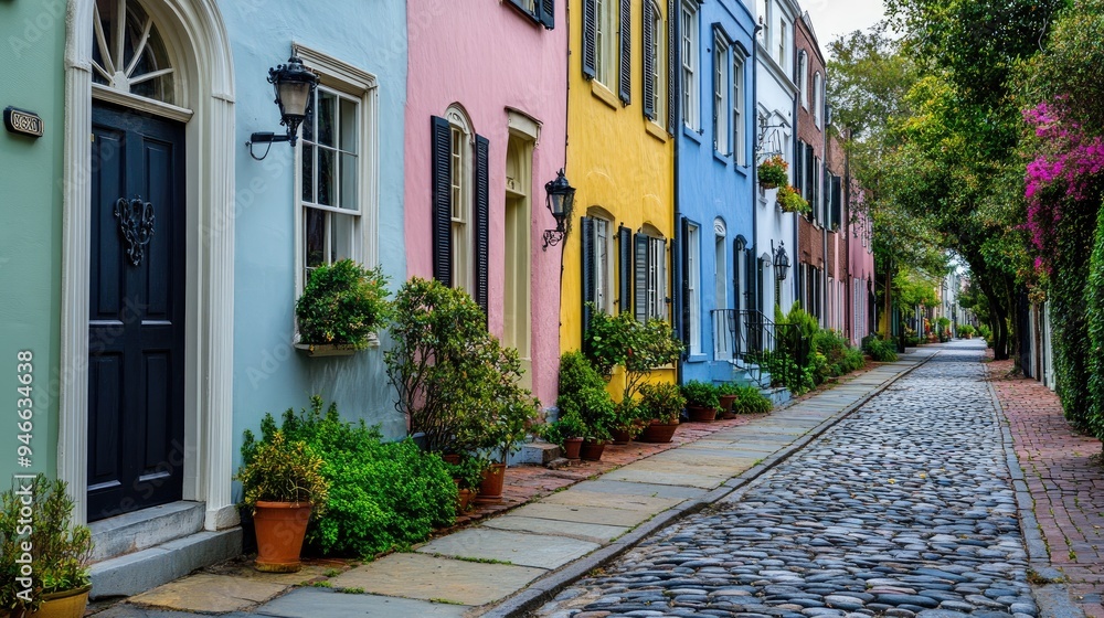 Fototapeta premium A row of charming townhouses with colorful facades, cobblestone street, and decorative planters, situated in a quaint neighborhood