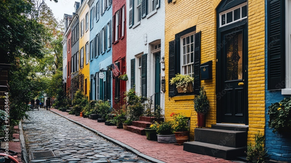 A row of charming townhouses with colorful facades, cobblestone street, and decorative planters, situated in a quaint neighborhood A row of charming townhouses with colorful facades, cobblestone street, and decorative planters, situated in a quaint neighborhood
