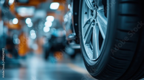 A close-up shot of a car wheel taken in an automotive workshop, highlighting the intricate design of the wheel and the bustling environment of the car repair facility in the background.