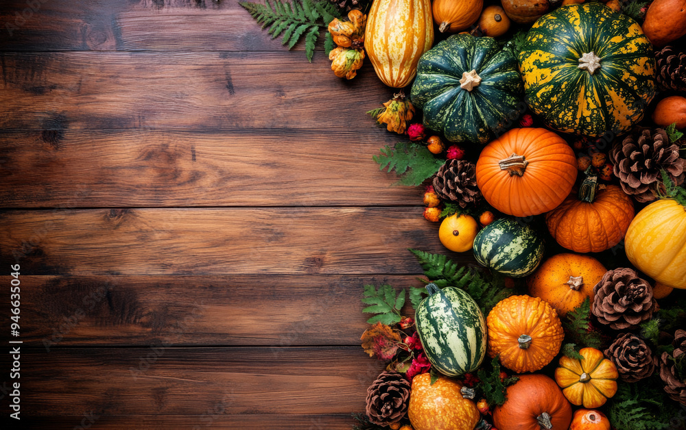 pumpkins and autumn leaves arranged on a rustic wooden table, embodying the essence of fall. pumpkins and autumn leaves arranged on a rustic wooden table, embodying the essence of fall.