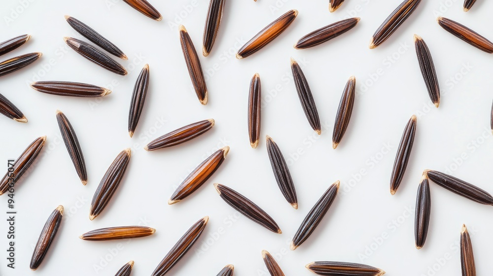 Close-up of wild rice grains arranged in a simple pattern on a white surface, highlighting their dark color and slender shape, no people. Close-up of wild rice grains arranged in a simple pattern on a white surface, highlighting their dark color and slender shape, no people.