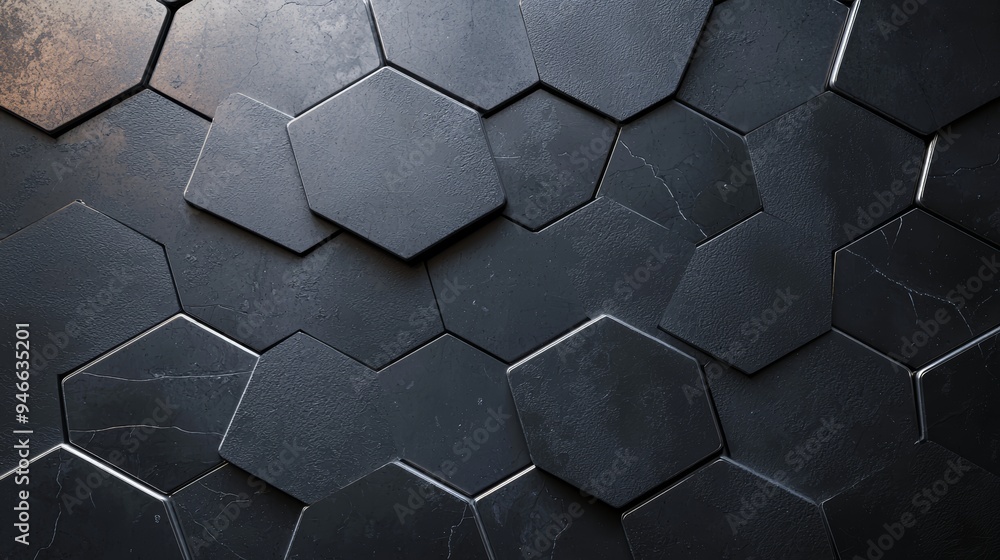 A set of hexagonal wall tiles with abstract, interlocking patterns in metallic shades, creating a futuristic look A set of hexagonal wall tiles with abstract, interlocking patterns in metallic shades, creating a futuristic look