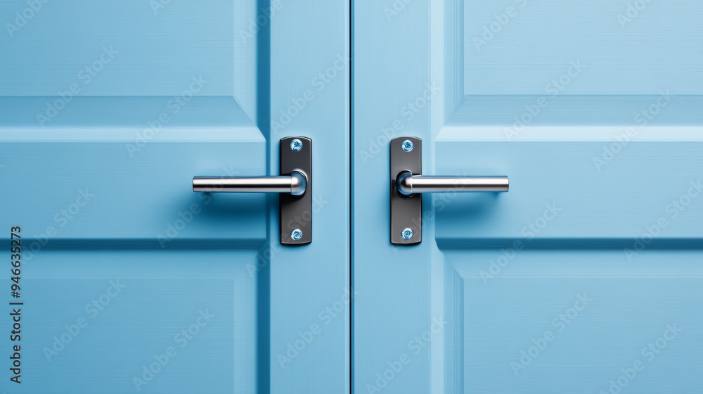Close-up of a PVC door lock mechanism and reinforced hinges focus on security and strength gradient background shifting from soft blue to white safe and reliable Close-up of a PVC door lock mechanism and reinforced hinges focus on security and strength gradient background shifting from soft blue to white safe and reliable