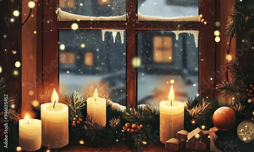 Cozy winter scene with lit candles and holiday decorations by a frosted window during snowfall