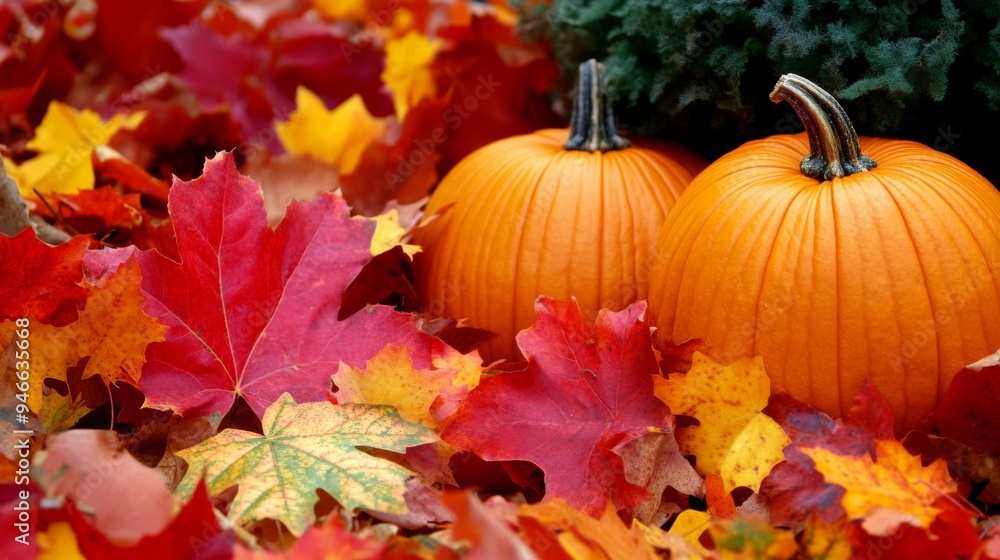 Orange pumpkin resting on a bed of vibrant autumn leaves with a softly blurred background. Orange pumpkin resting on a bed of vibrant autumn leaves with a softly blurred background.