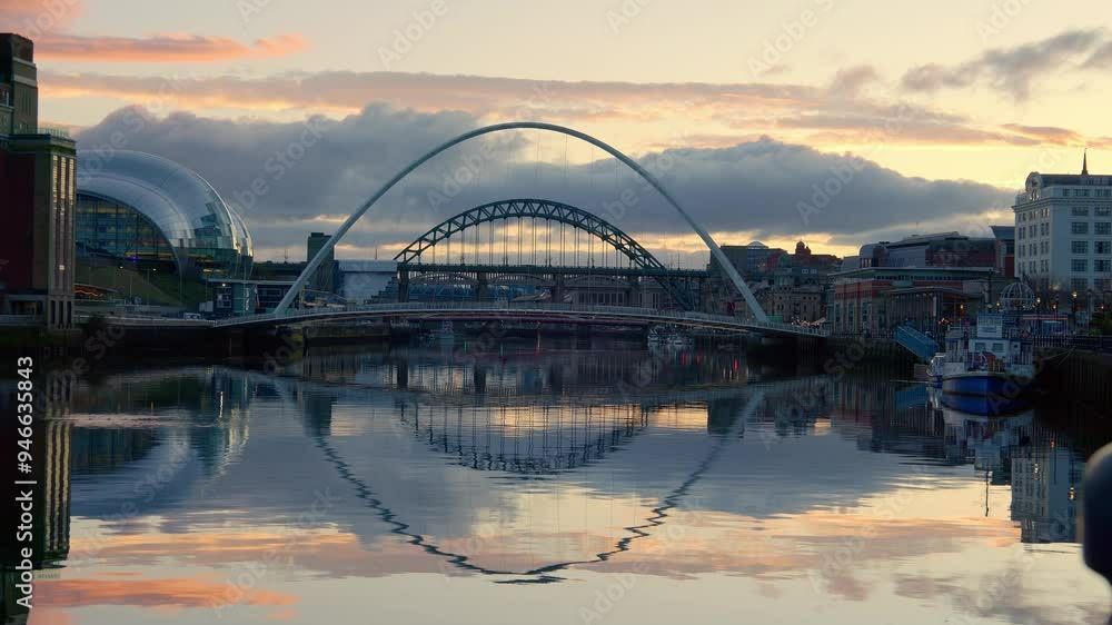 Newcastle upon Tyne. City, river and sunset with iconic bridges aligned. England, UK Newcastle upon Tyne. City, river and sunset with iconic bridges aligned. England, UK