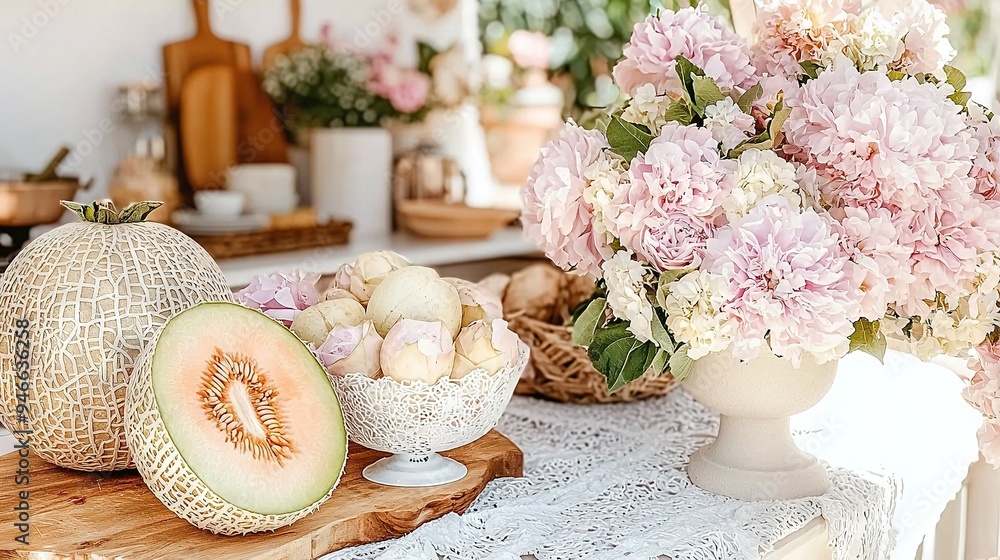 Vases filled with watermelon and flowers top table Vases filled with watermelon and flowers top table