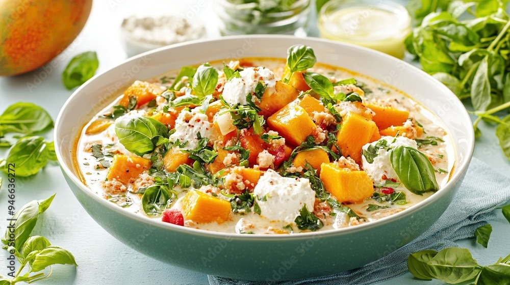 Bowl of soup with spinach, cheese, and tomatoes on a blue tablecloth Bowl of soup with spinach, cheese, and tomatoes on a blue tablecloth