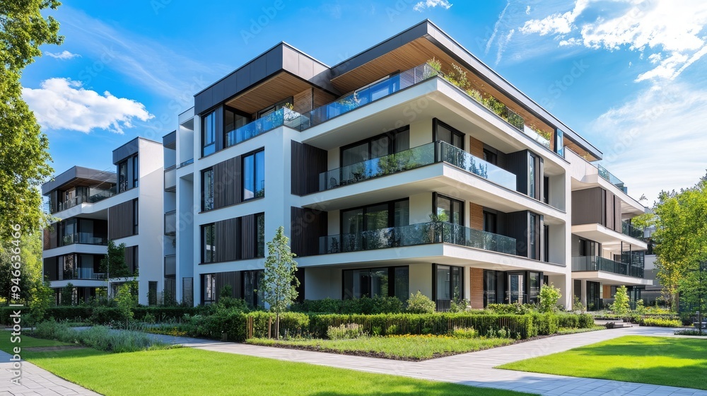 Modern apartment building with a sleek exterior, large balconies, and a communal garden area, ideal for urban living Modern apartment building with a sleek exterior, large balconies, and a communal garden area, ideal for urban living