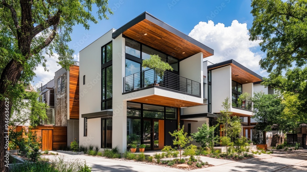 Modern duplex with a sleek exterior, shared driveway, and small front garden, located in a thriving urban area Modern duplex with a sleek exterior, shared driveway, and small front garden, located in a thriving urban area
