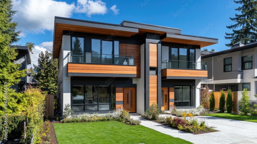 Modern duplex with a sleek exterior, shared driveway, and small front garden, located in a thriving urban area Modern duplex with a sleek exterior, shared driveway, and small front garden, located in a thriving urban area