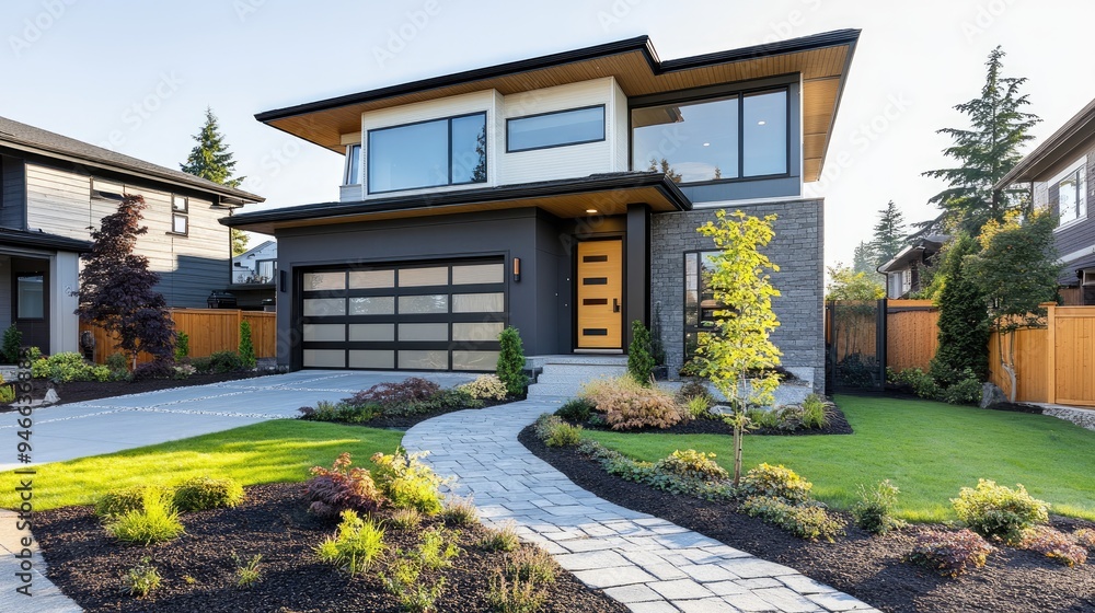 Modern suburban home with a two-car garage, stone pathway, and landscaped front yard, ideal for family living