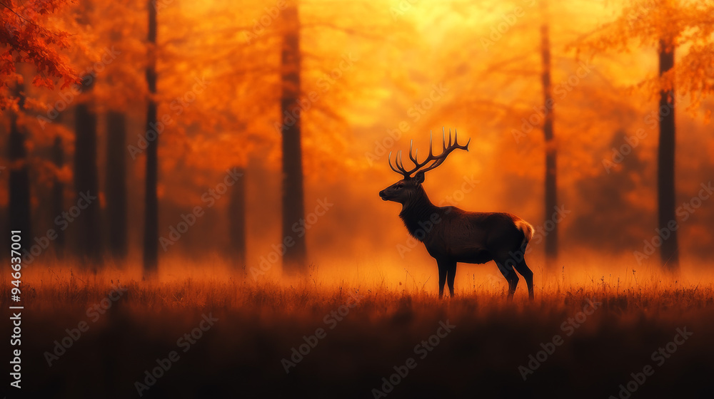 Deer in the distance within a dense autumn forest vibrant orange and yellow leaves hunter crouched quietly behind a tree blending into the scenery crisp fall morning Deer in the distance within a dense autumn forest vibrant orange and yellow leaves hunter crouched quietly behind a tree blending into the scenery crisp fall morning