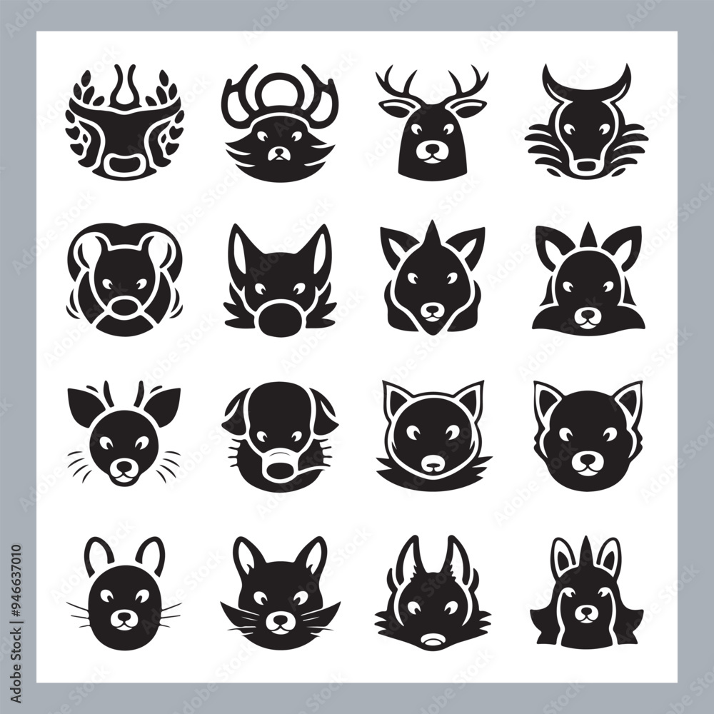 Fototapeta premium Set of silhouette logotype icons animal Lion, Elephant, Tiger, Giraffe, Kangaroo, Panda, Gorilla, dolphin, cat, deer, Polar Bear, Zebra, fox in white background