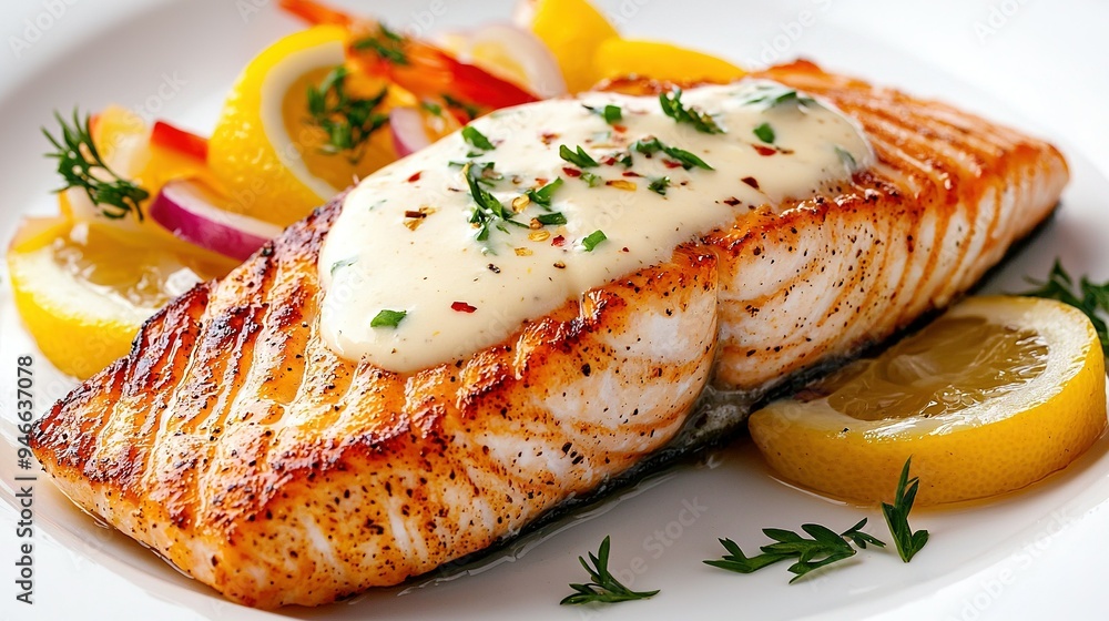A fish close-up with lemon and carrot sides, including a lemon wedge A fish close-up with lemon and carrot sides, including a lemon wedge