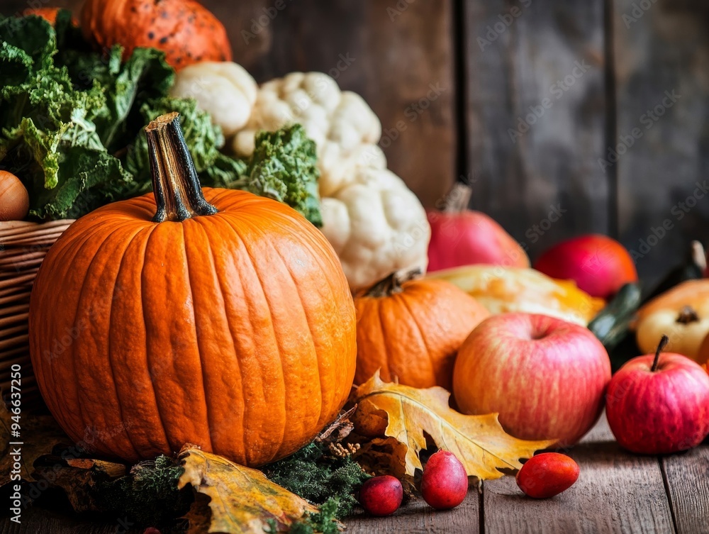Small pumpkin surrounded by autumn leaves on a rustic wooden table with warm, soft bokeh lights in the background. Small pumpkin surrounded by autumn leaves on a rustic wooden table with warm, soft bokeh lights in the background.