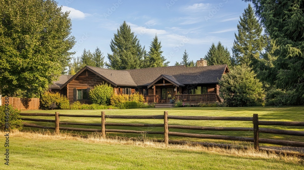 Traditional ranch-style home with a wide front yard, wooden fence, and tall trees, offering a peaceful country lifestyle Traditional ranch-style home with a wide front yard, wooden fence, and tall trees, offering a peaceful country lifestyle