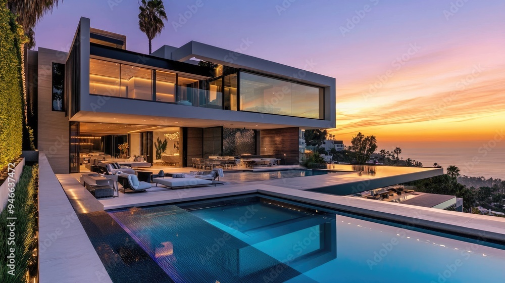 Ultra-modern luxury villa with sleek lines, large glass facades, and an outdoor lounge area, set against a sunset Ultra-modern luxury villa with sleek lines, large glass facades, and an outdoor lounge area, set against a sunset