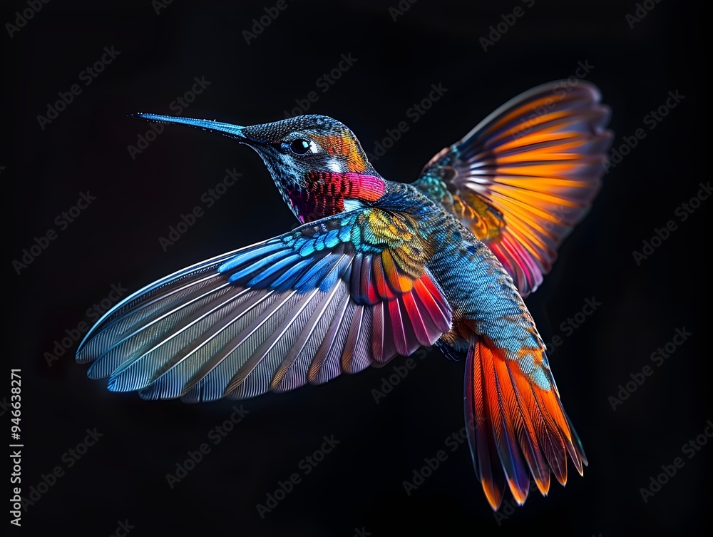 Vibrant Hummingbird in Mid Flight with Colorful Trailing Wings on Black Background Vibrant Hummingbird in Mid Flight with Colorful Trailing Wings on Black Background