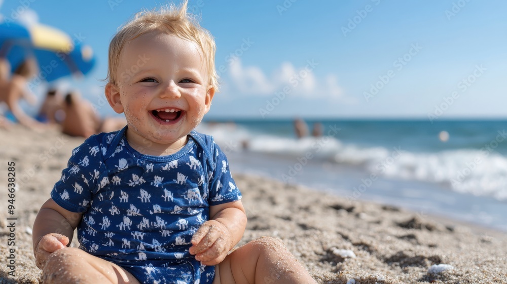 A smiling baby on a sandy beach, enjoying a sunny day, capturing the joy and innocence of childhood in a bright and cheerful beach setting, surrounded by nature. A smiling baby on a sandy beach, enjoying a sunny day, capturing the joy and innocence of childhood in a bright and cheerful beach setting, surrounded by nature.