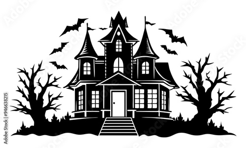 Download Haunted House Vector Illustration - Black Silhouette Designs On White Background, Line Art & Outline Vector Svg And  Png File.