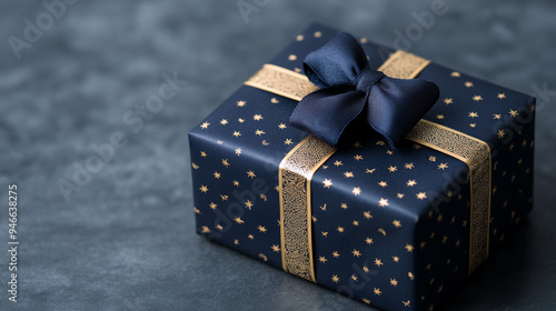 Elegant ribbon and tag design for Ramadan gifts golden accents with lantern and moon motifs navy background perfect for adding a luxury touch to gift wrapping  photo