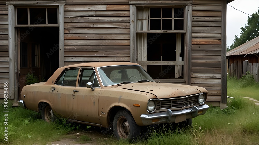 Fototapeta premium Rusty, Weathered Car and Crumbling Old House: A Scene of Abandonment and Neglect