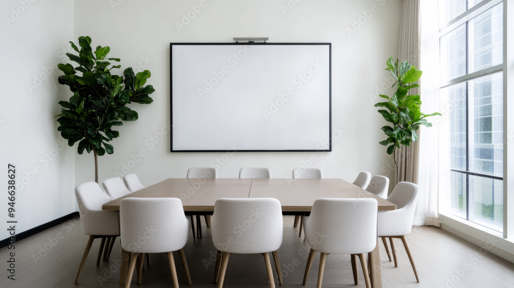 Empty rental office with stylish furniture clean lines ergonomic chairs and a large whiteboard ready for business operations fresh and inviting atmosphere Empty rental office with stylish furniture clean lines ergonomic chairs and a large whiteboard ready for business operations fresh and inviting atmosphere