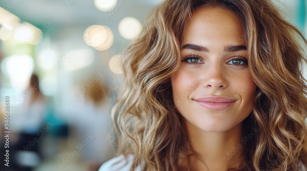 A woman with a friendly smile and wavy blonde hair, wearing a white shirt, in a stylish salon with blurred background elements and modern beauty product displays. A woman with a friendly smile and wavy blonde hair, wearing a white shirt, in a stylish salon with blurred background elements and modern beauty product displays.